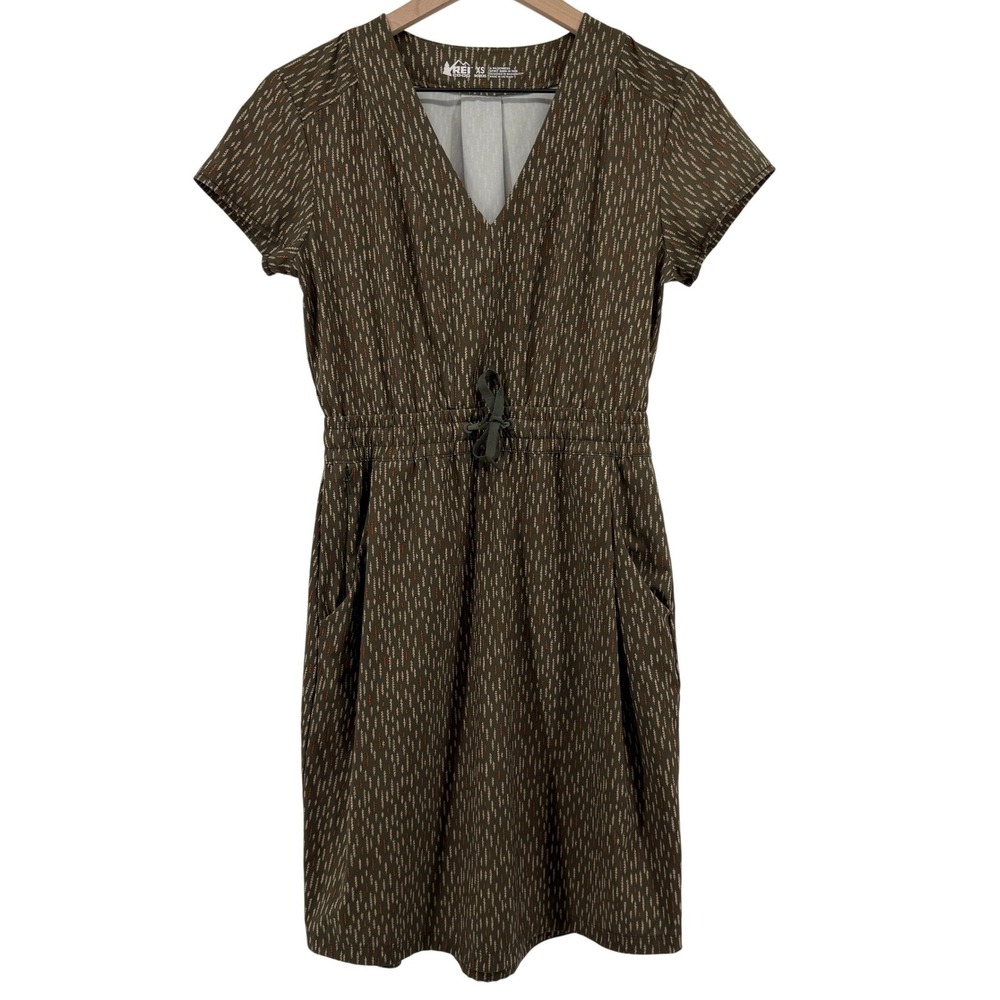 REI Co-Op‎ Aoraki Travel Dress Olive Green Women XS V-Neck Pockets Lightweight